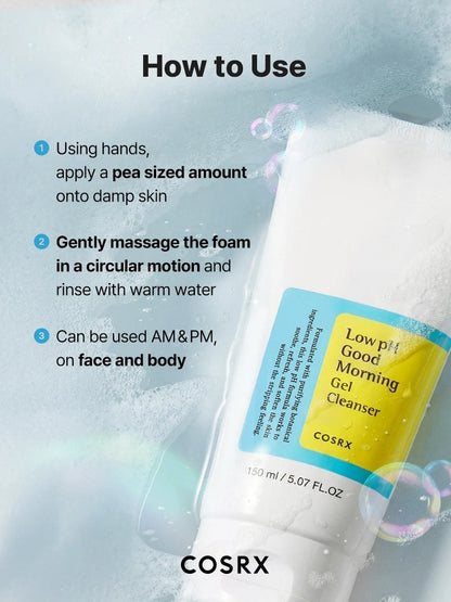 COSRX Low pH Good Morning Gel Cleanser 150ml - how to use steps - Korean skincare from 2M Beauty