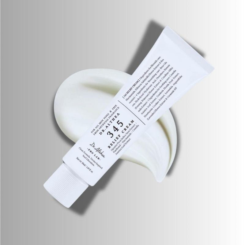 Dr. Althea 345 Relief Cream 50ml - cream tube grey background - Korean skincare from 2M Beauty