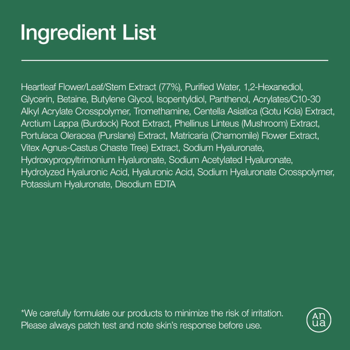 Anua Heartleaf 77% Soothing Toner 250ml - ingredient list - Korean skincare from 2M Beauty