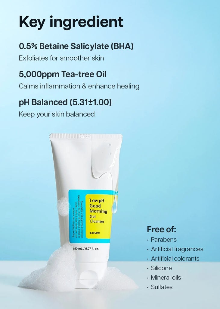 COSRX Low pH Good Morning Gel Cleanser 150ml - tea tree and BHA key ingredient - Korean skincare from 2M Beauty